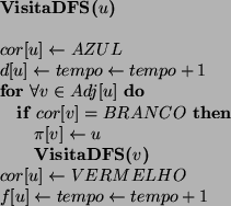 \begin{algorithmic}
\STATE {\bf VisitaDFS($u$) }
\STATE
\STATE $cor[u] \leftarro...
...ELHO$\STATE $f[u] \leftarrow tempo \leftarrow tempo + 1$\STATE
\end{algorithmic}