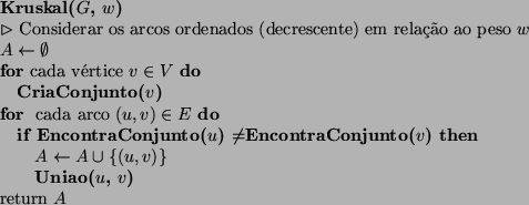 \begin{algorithmic}
\STATE {\bf Kruskal($G$, $w$)}
\STATE $\rhd $\ Considerar os...
... \STATE {\bf Uniao($u$, $v$)}
\ENDIF
\ENDFOR
\STATE return $A$\end{algorithmic}