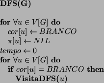 \begin{algorithmic}
\STATE {\bf DFS(G) }
\STATE
\FOR{$\forall u \in V[G]$}
\STA...
...= BRANCO$}
\STATE {\bf VisitaDFS($u$)}
\ENDIF
\ENDFOR
\STATE
\end{algorithmic}